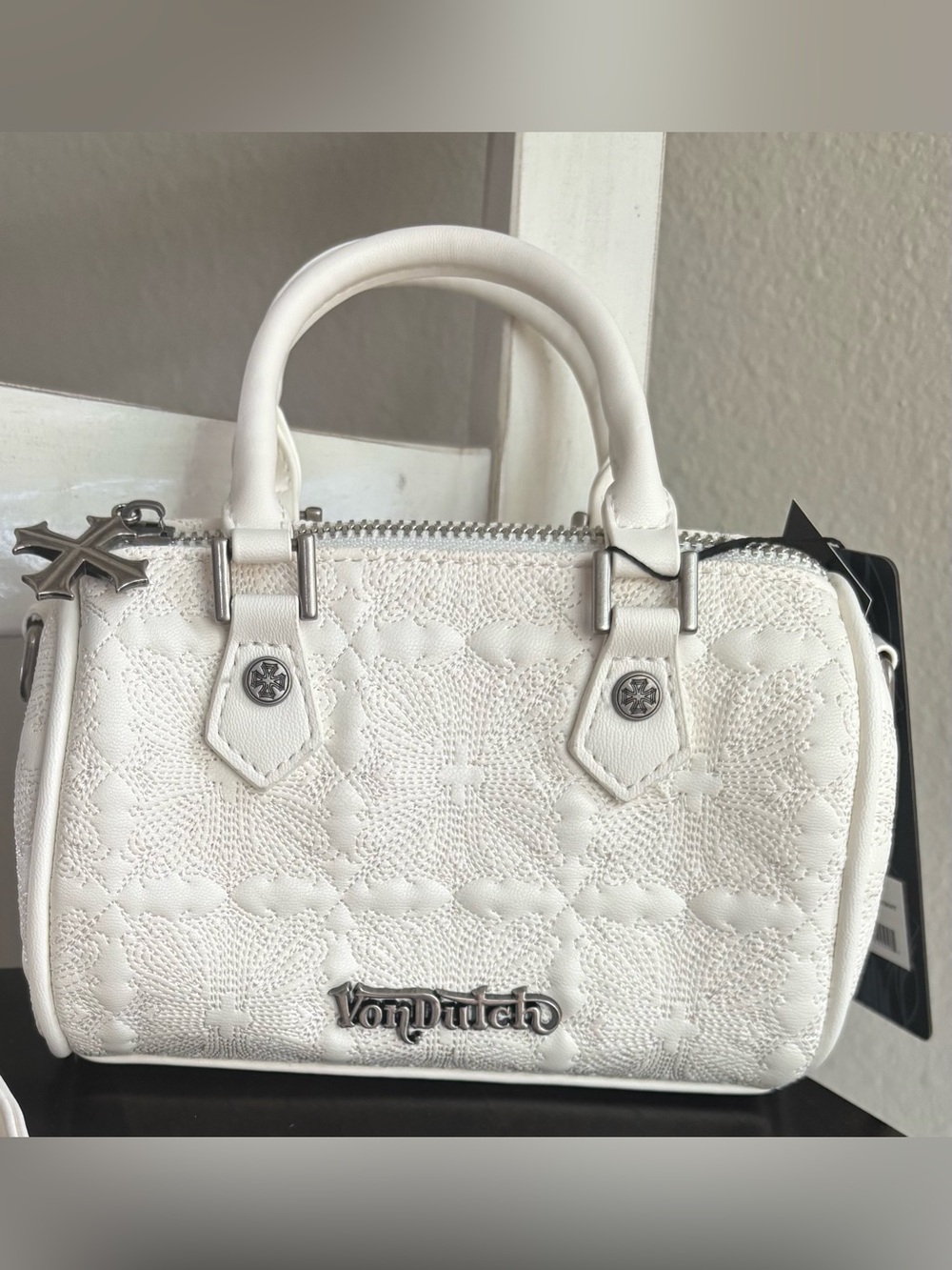 Von Dutch White Quilted Mini Satchel with Detachable Strap Silver Hardware NWT